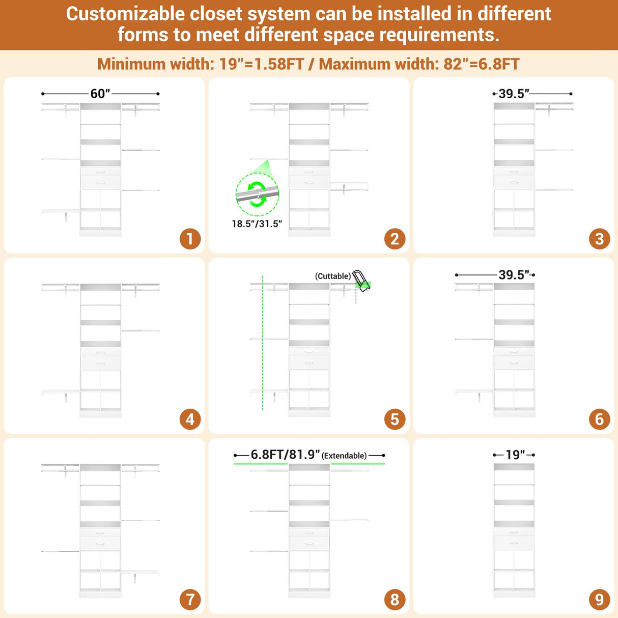 Small Closet System - 5FT Closet Organizer System with Wooden Drawers, 60 Inches Walk In Closet System With 5 Hanging Rods, Can Fit 1.58 to 6.8 FT with Reversible Hanging Shelving, White Besiost