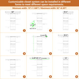 Small Closet System - 5FT Closet Organizer System with Wooden Drawers, 60 Inches Walk In Closet System With 5 Hanging Rods, Can Fit 1.58 to 6.8 FT with Reversible Hanging Shelving, White Besiost