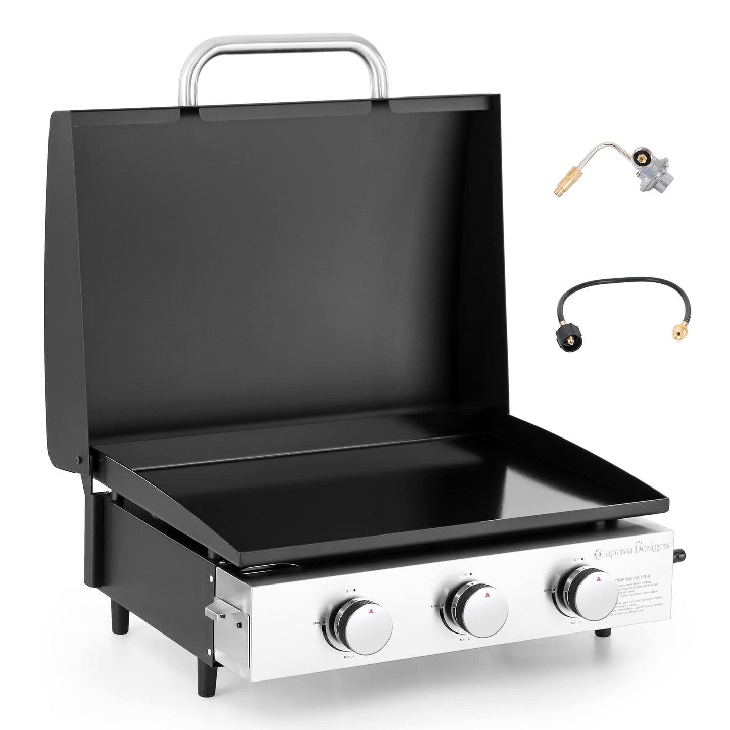 Captiva Designs 22 in Flat Top Grill with Ceramic Coated Cast Iron Pan, Portable Tabletop Propane Gas Griddle Grill for Camping, Outdoor & Tailgating Barbecue, 24,000 BTU Output, 3 Burners