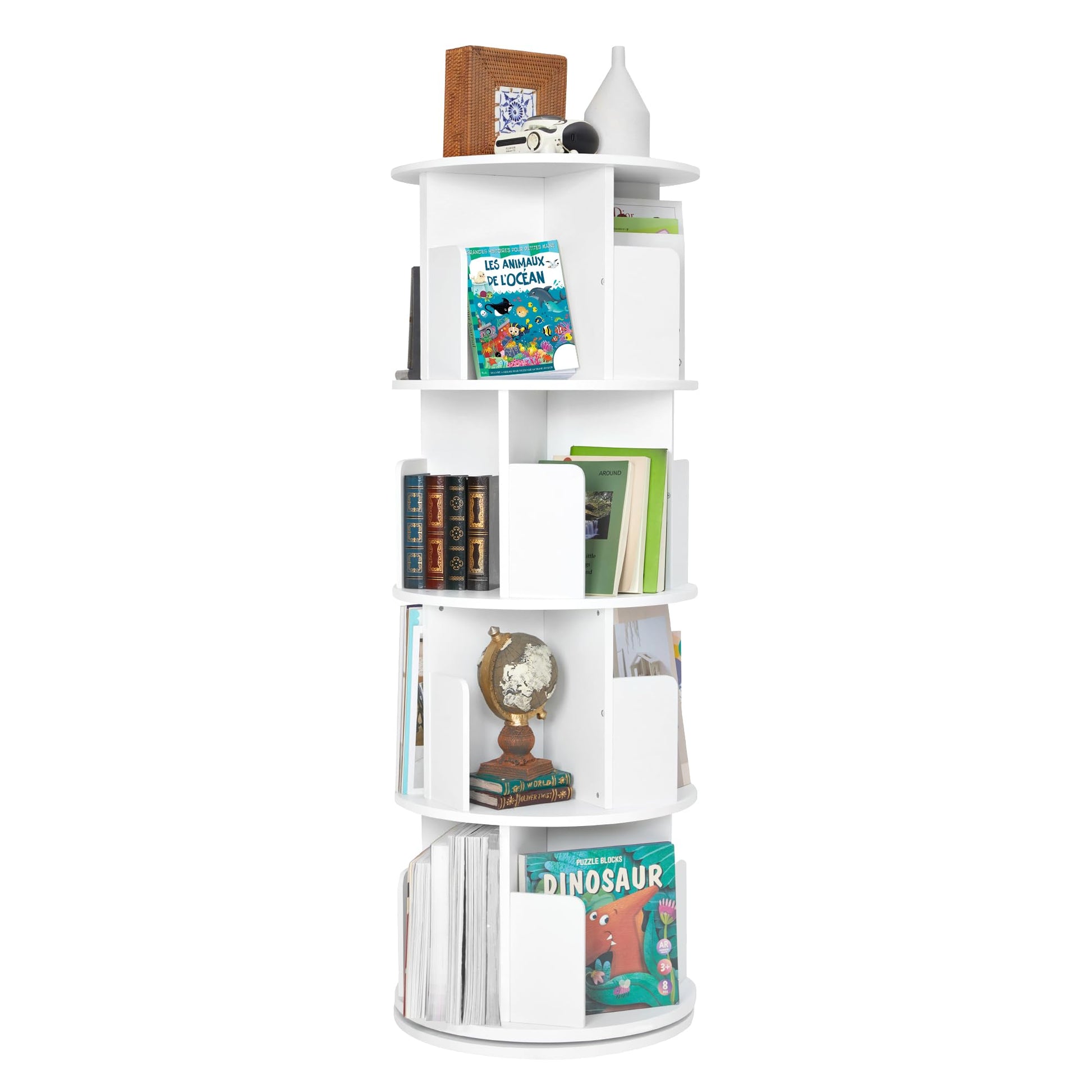 JOLIE VALLÉE TOYS & HOME 4-Tier Rotating White Bookshelf - Space-Saving Floor Stand Bookcase for Small Rooms - WoodArtSupply