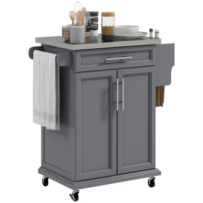 HOMCOM Kitchen Island on Wheels, Rolling Kitchen Cart with Stainless Steel Countertop, Drawer, Towel Rack and Spice Rack, Utility Storage Trolley, Gray - WoodArtSupply