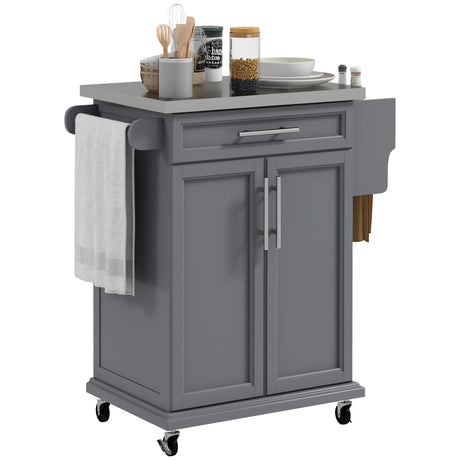 HOMCOM Kitchen Island on Wheels, Rolling Kitchen Cart with Stainless Steel Countertop, Drawer, Towel Rack and Spice Rack, Utility Storage Trolley, Gray HOMCOM