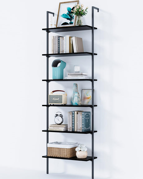ODK 6-Tier Ladder Shelf, Book Shelf with Metal Frame, Bookcase for Living Room, Home Office, Kitchen & Bedroom, Space Saving Freestanding Organizer Rack, Black (10" D x 24" W x 87" H) ODK