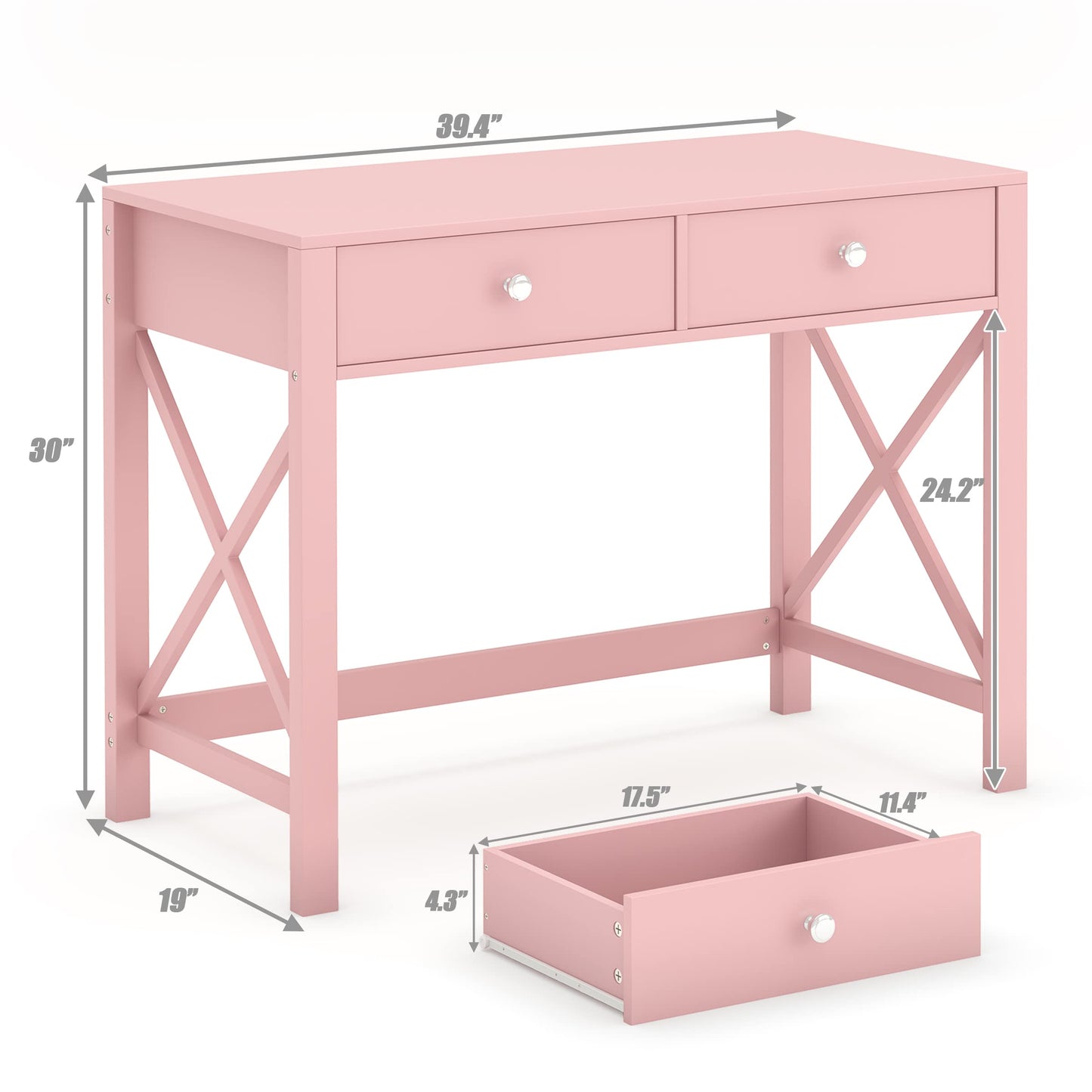 WiberWi Home Office Desk with Drawers, Modern Writing Computer Desk for Bedroom, Small Pink Makeup Vanity Table Desk for Girls, Study Table for Home Office