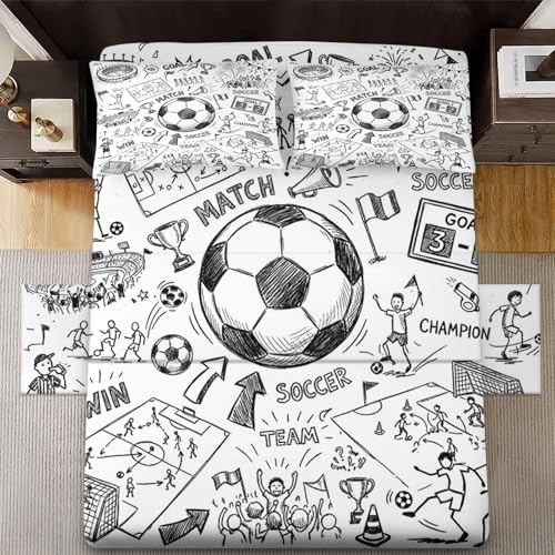 WeCozy Queen Size 4 Pcs Bed Fitted Sheet Set with 14" Deep Pocket, Game Soccer Painting Flat Sheet Set for Kids and Adults, Sport Ball Football Bedding with 2 Pillowcases for Bedroom Decor WeCozy