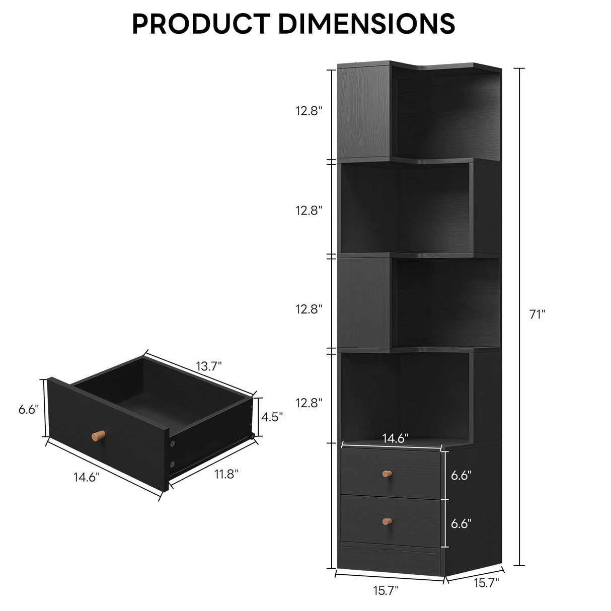 IRONCK Corner Bookshelf, 70.87" Tall Corner Bookcase with Drawers, Corner Shelf Storage Display Rack for Living Room Home Office, Black IRONCK