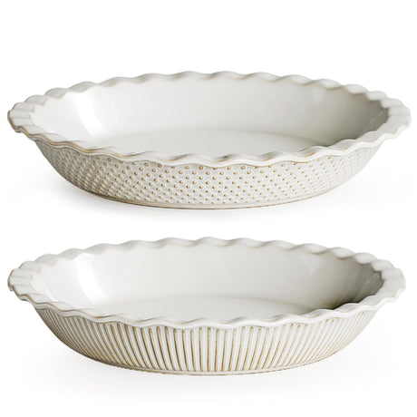 getstar Ceramic Pie Pan Set of 2, 9 inch Pie Dish for Baking, Non-Stick, Oven & Dishwasher Safe, Farmhouse Decor Quiche Baking Dish, Pie Plate, Deep Dish Pie Pan (Embossed Stripes+Dots) getstar