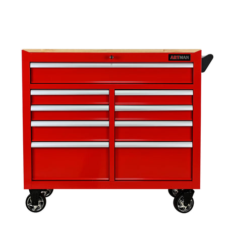 WTRAVEL Heavy Duty Rolling Tool Chest with 9-Drawer Wood Top Tool Cart Mechanic Tool Box with Wheels Tool Storage Cabinet Workbench High Capacity for Garage, Workshop, Repair Shop, Warehouse (Red) WTRAVEL