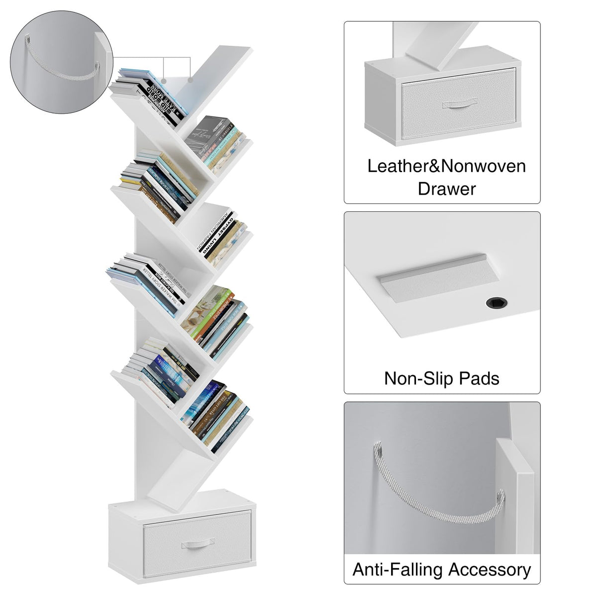 Rolanstar Tree Bookshelf with Drawer, 9 Shelf Bookshelf, Wooden Bookcase Storage Rack for CDs/Movies/Books, Corner Bookshelves, Utility Organizer Shelves for Living Room, Bedroom, White Rolanstar