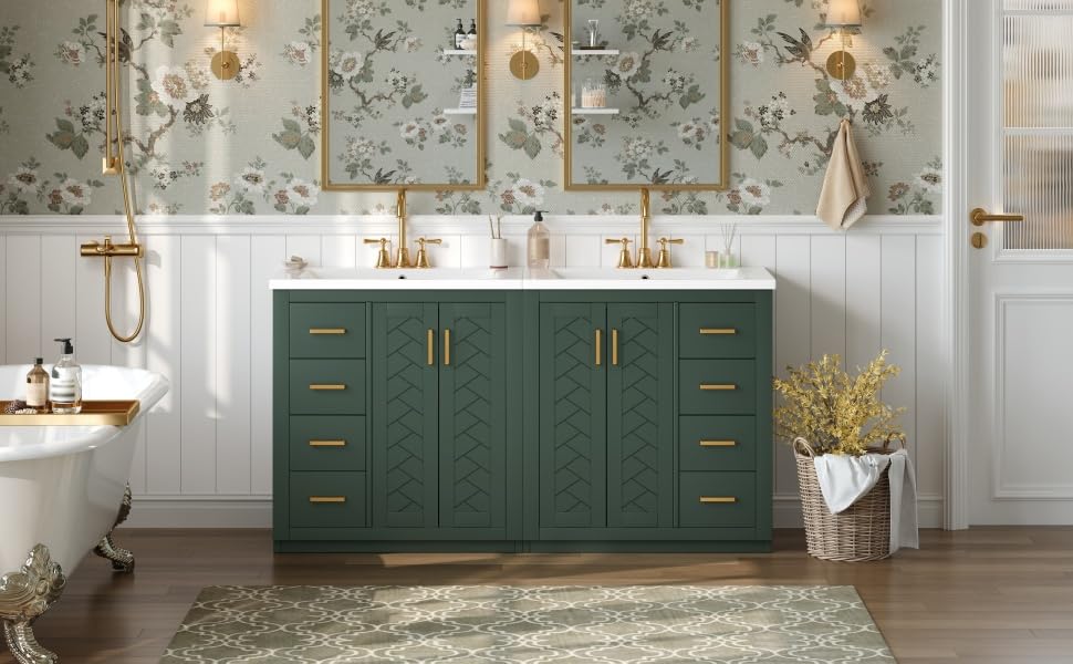 Merax 60" Bathroom Double Vanity with Sink Combo,Freestanding Solid Wood Bathroom Storage Cabinet,Single Sink Bathroom Vanity Set Combo,Green Merax