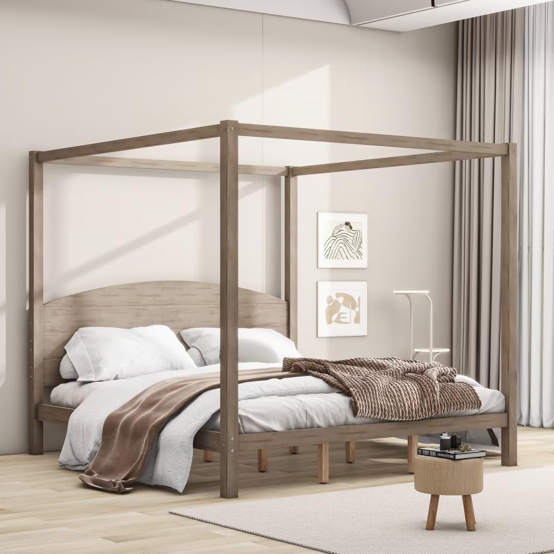 JIJIWANG King Size Canopy Bed Wood Platform Bed Frame with Headboard and Slat Support Leg, 4 Posters King Bed Frame for Kids Teens Adults - Brown Wash JIJIWANG