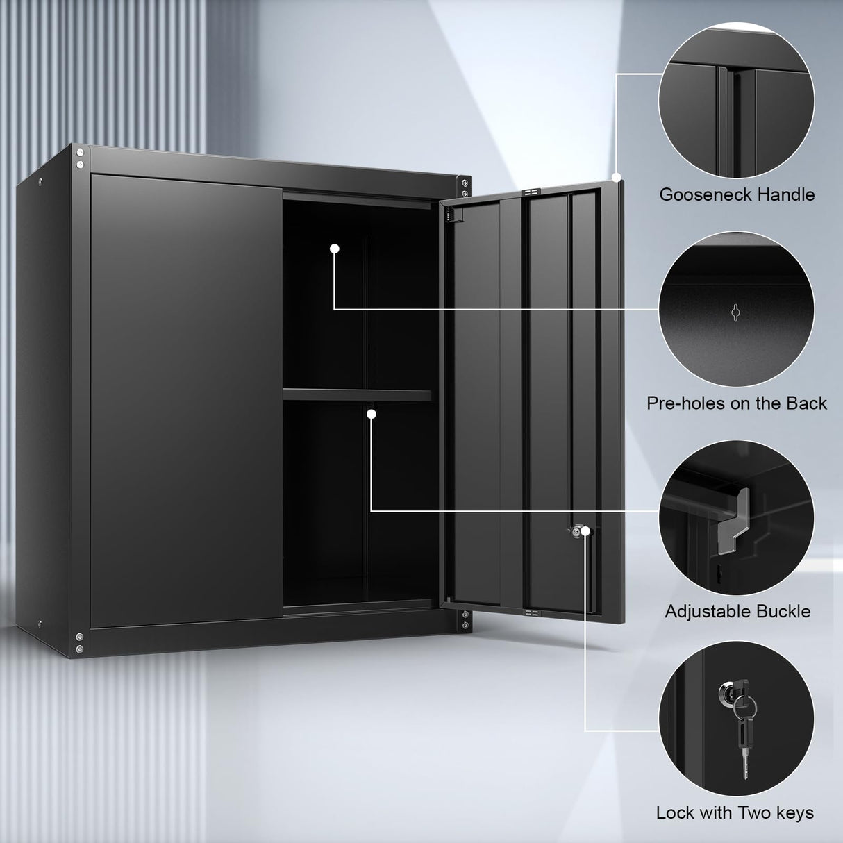 IRONFFICE Metal Wall Storage Cabinet,Steel Garage Hanging Cabinet,Black Cabinets for Storage Wall,Locking Wall Cabinet Small for Home Office,Kitchen IRONFFICE