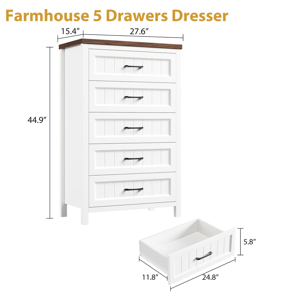 Jocoevol Elegant Farmhouse 5 Drawer Dresser for Bedroom - Tall Chest of Dresser with Spacious Storage, Solid Wood Construction for Living Room, Hallway & Entryway - White & Brown Jocoevol
