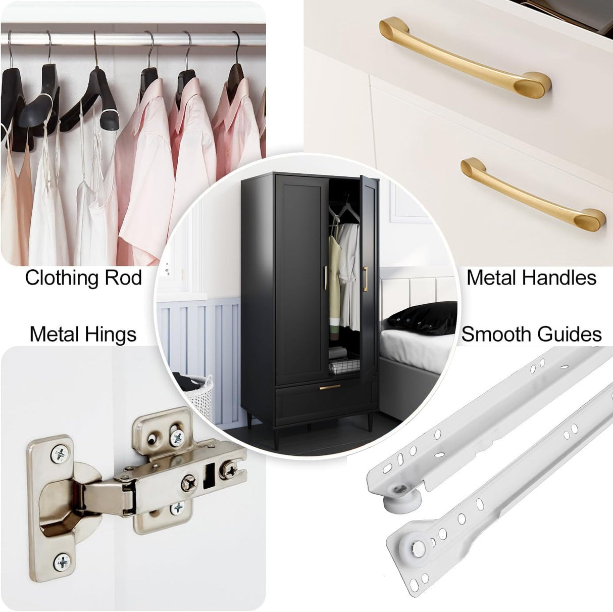 ALBSL Bedroom Armoire Wardrobe Closet with Hanging Rod,60" 2 Door Almirah for Clothes with Drawers,Morden Storage Cabinet,Black ALBSL