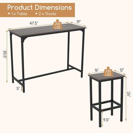 COSTWAY 3-Piece Dining Table Set, 47.5" Industrial Counter-Height Kitchen Table and 2 Bar Stools, High Top Rectangular Pub Table and Chairs for Dining Room Small Place Breakfast Nook Bistro (Grey) COSTWAY