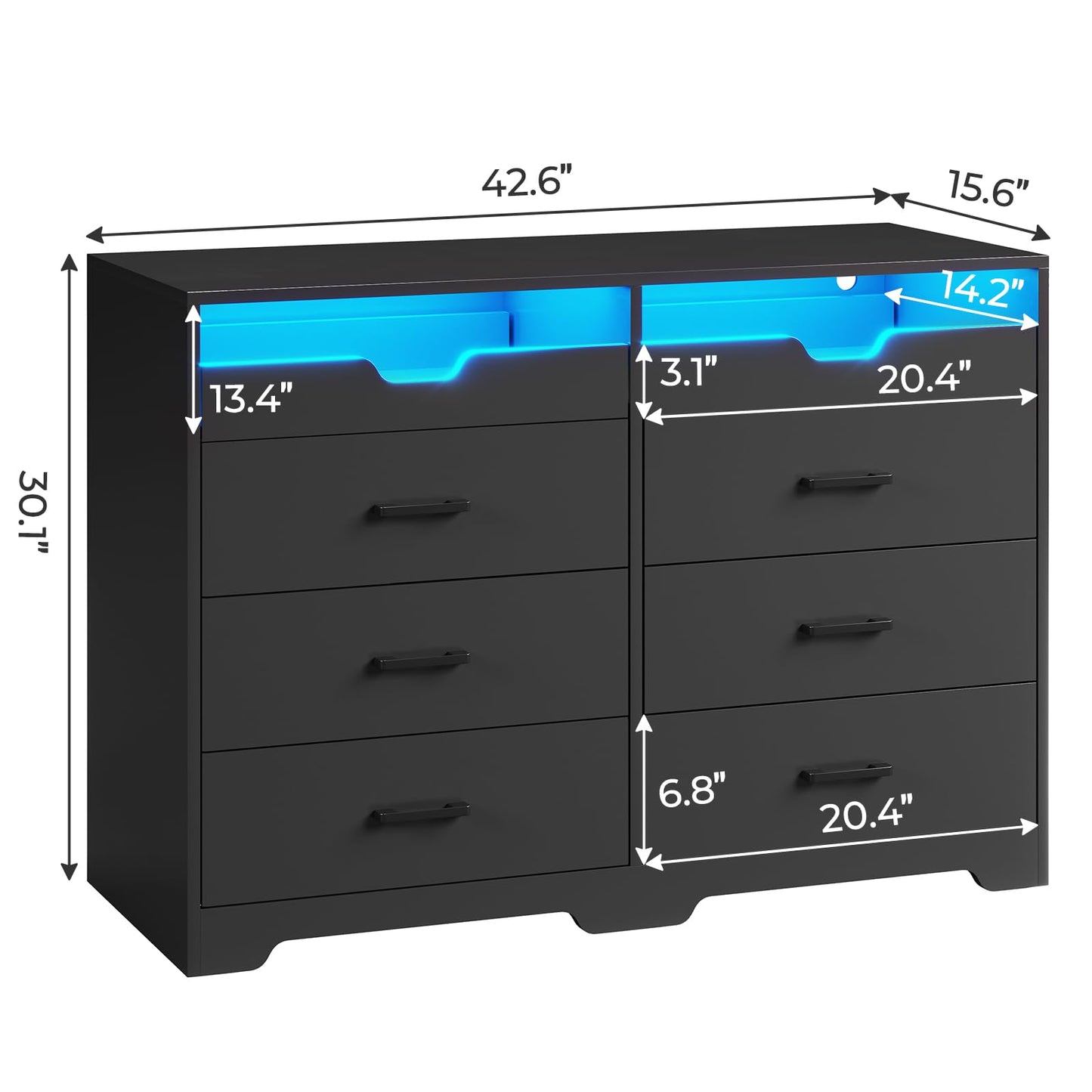 Hasuit Dresser with LED Lights for Bedroom, Double Dresser with 6 Drawers and 2 Pull-Out Tray, Black Chest of Drawers Bedroom Storage Organizer, Dimensions 15.6" D x 42.6" W x 30.1" H - WoodArtSupply