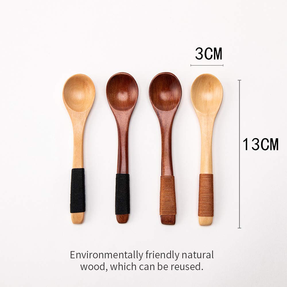sansheng 4 Pcs Mini Wooden Spoons, Wood Soup Spoons For Eating Mixing Stirring Cooking, Handle Spoon With Japanese Style Kitchen Utensil, With Tied Line On Handle(13cm) sansheng