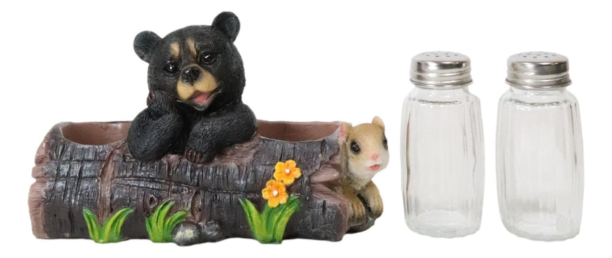 Ebros Black Baby Bear Cub Sitting In Log With Squirrel Salt And Pepper Shakers Holder Statue 6.75"Long Cabin Lodge Whimsical Bear Dining Table Centerpiece Ebros Gift