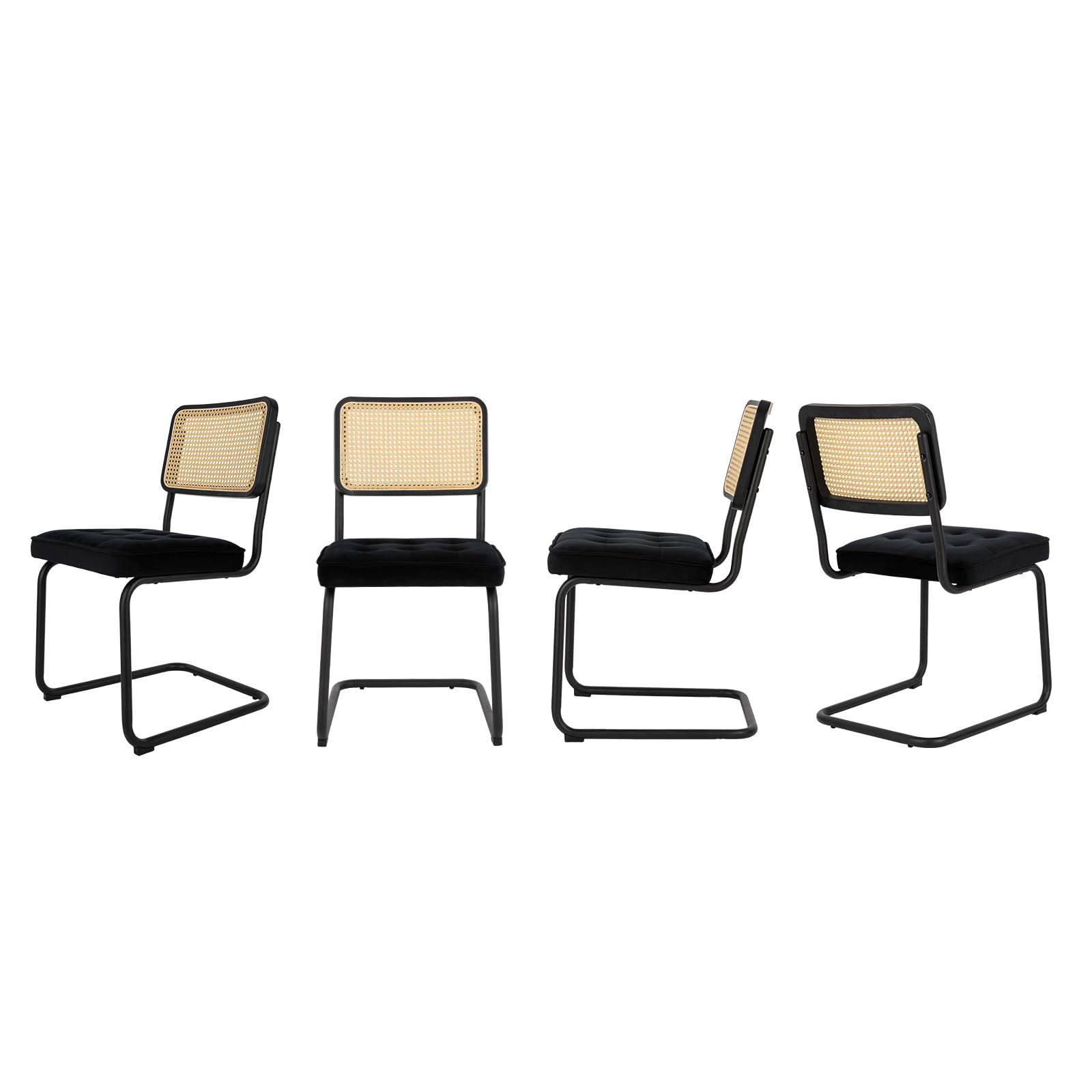 COLAMY Mid Century Modern Dining Chairs Set of 4, Velvet Rattan Dining Room Kitchen Side Chairs with Upholstered Seat and Metal Chrome Legs for Home, Living Room, Bedroom - Black - WoodArtSupply