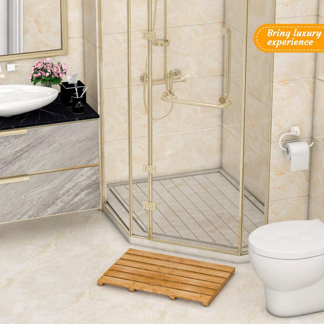 Bath Mat for Luxury Shower - Non-Slip Bamboo Sturdy Water Proof Bathroom Carpet for Indoor or Outdoor Use - WoodArtSupply