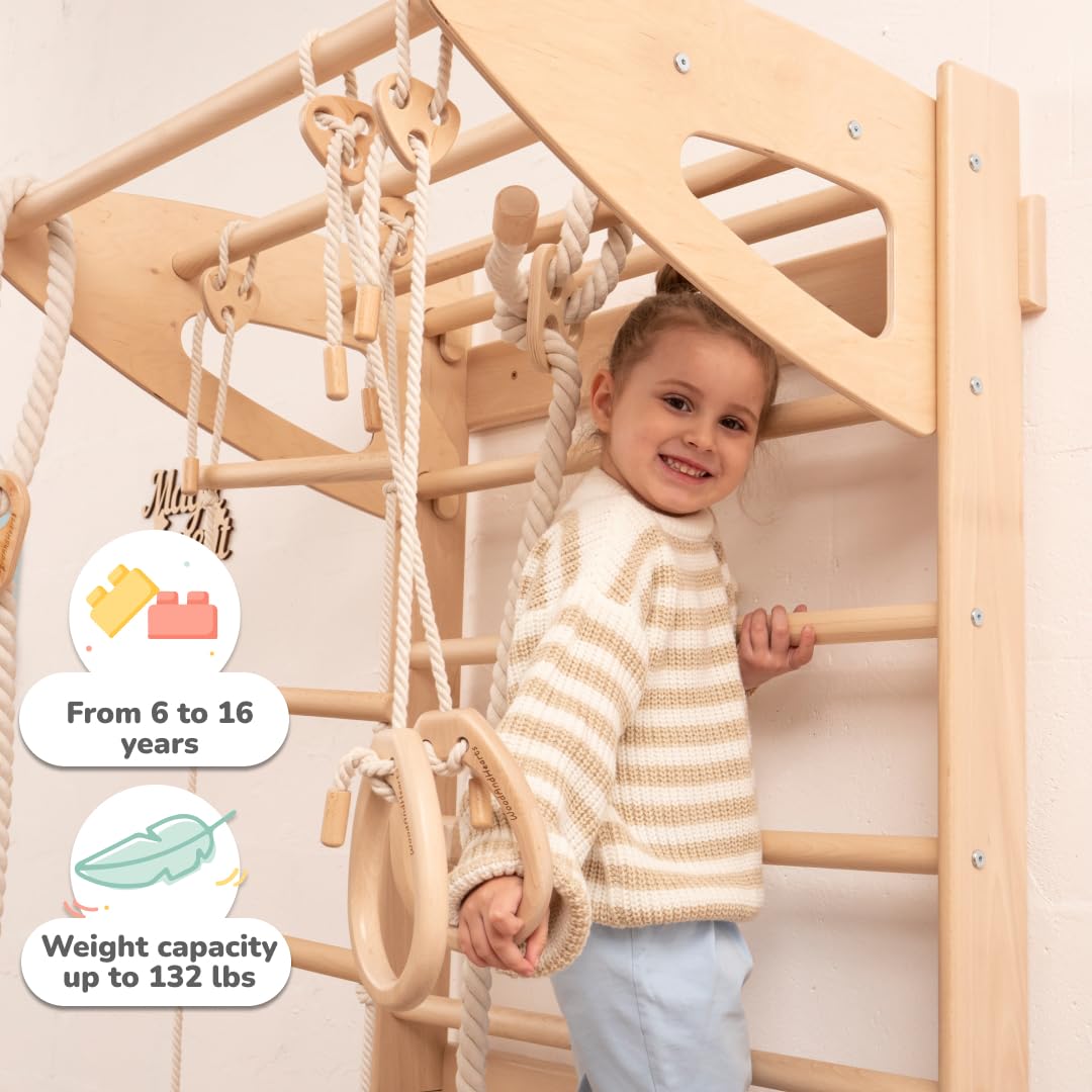 Woodandhearts Swedish Ladder for Kids with Rope Accessories - Indoor Jungle Gym, Indoor Jungle Gym for Kids Ages 6-16, Indoor Climbing Gym, Climbing Wall for Kids (Natural Wood, All Accessories)