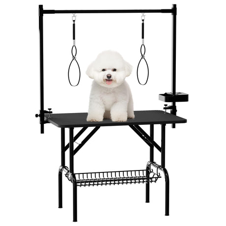 VFK 36''/47''Large Dog Grooming Table, Foldable Pet Station at Home, Dog Grooming Table,Adjustable Cat Drying Desktop with Arms, Nooses, Mesh Tray (Basic pet Table, 36" Black) VFK