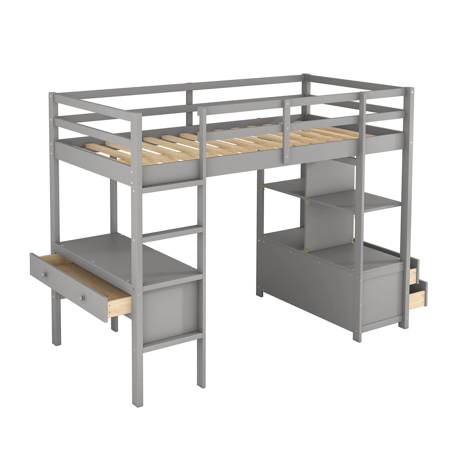 Harper & Bright Designs Twin Size Loft Bed with Desk and Storage, Wood High Loft Bed Frame with Shelves, Multifunctional Loft Bed Twin for Kids Teens Adults (Grey) - WoodArtSupply