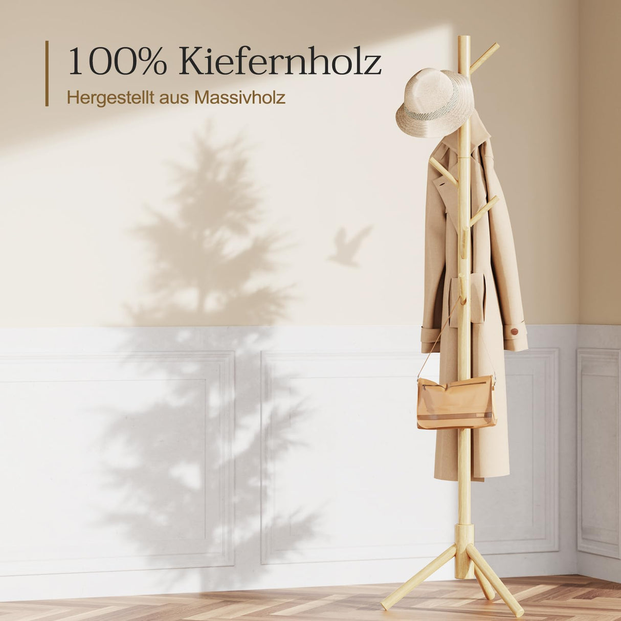 Pipishell Coat Rack Sturdy Wooden Coat Rack Stand, Adjustable Coat Tree, Free Standing Tree Hanger with 4 Sections & 8 Hooks, for Home/Bedroom/Office/Hallway/Entryway Pipishell