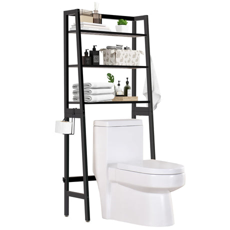 MallKing Over The Toilet Storage, Wooden 3-Tier Over-The-Toilet Rack Bathroom Space Saver Organizer, Freestanding Above Toilet with Toilet Paper Holder and Hooks (Black) MallKing