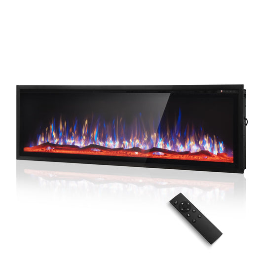 PHI VILLA 60" Electric Fireplace Wall Mounted, in Wall Recessed Fireplace Electric with Crystal, Fake Charcoal & Log Sets for Indoor, Remote Control, 750W/1500W, Timer, Ultra-Narrow Bezel