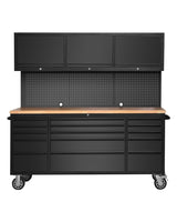 72-inch Rolling Tool Chest Cabinet Garage Workbench with 15 Storage Drawers and Wheels, 3 Upper Cabinet, Pegboard, Steel Large Tool Box for Garage Workshop, Matte Black MERXENG