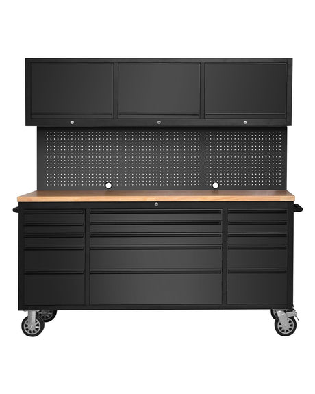72-inch Rolling Tool Chest Cabinet Garage Workbench with 15 Storage Drawers and Wheels, 3 Upper Cabinet, Pegboard, Steel Large Tool Box for Garage Workshop, Matte Black MERXENG