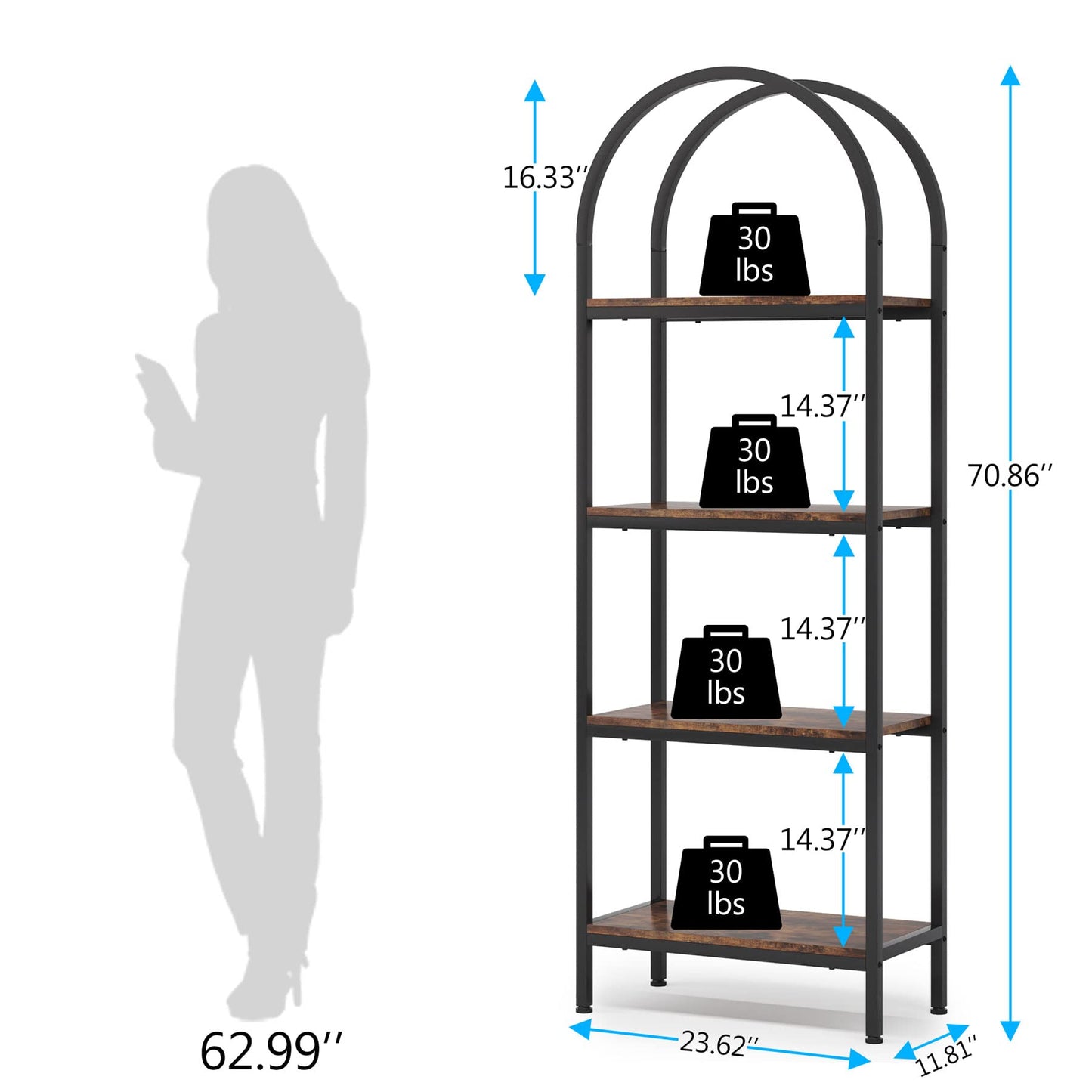 Tribesigns Industrial Arched 4-Tier Open Bookshelf in Rustic Brown - Versatile Storage and Display Rack for Home or Office - WoodArtSupply