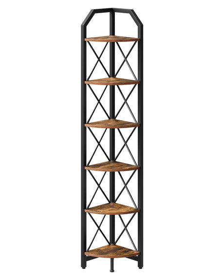 CHOEZON 6-Tier Corner Shelf, Industrial Corner Bookshelf, 71.2" Corner Storage Stand, Plant Stand Display Shelf, Corner Bookcase for Bedroom, Living Room, Home Office, Rustic Brown and Black TCJ11BF CHOEZON