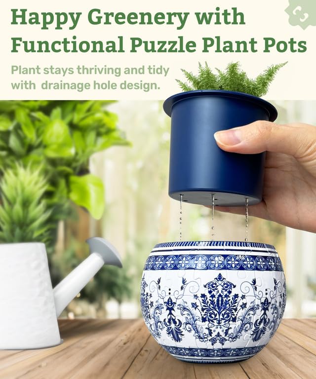 PieceRelax 3D Puzzle Planter - Singing Birds and Flowers - Small Round Plant Pots with Drainage, Home Decor Flower Pots for Indoor Cactus, Succulents Pots [K1100] PieceRelax