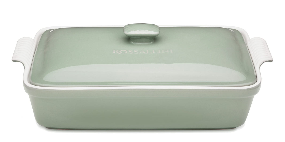 ROSSALLINI Stoneware Casserole Dish Bakeware Set with Lid, Covered Rectangular Dinnerware, Extra Large 4.23 Quart, 13 by 9 Inch, Verde Salvia [Sage Green] ROSSALLINI