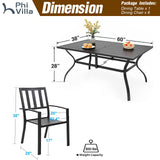 PHI VILLA 7 Piece Outdoor Dining Set for 6, 60” Rectangular Metal Steel Dining Table with Umbrella Hole & Stackable Dining Chairs for Patio, Deck, Yard, Garden PHI VILLA