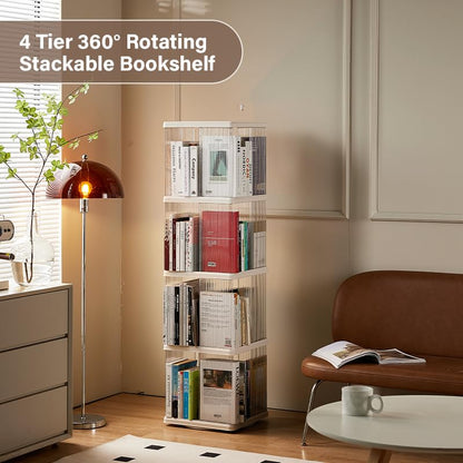 Compact 360-Degree Rotating Bookshelf for Small Spaces - SYNCVIBE 4-Tier Floor Standing Bookcase in White - WoodArtSupply