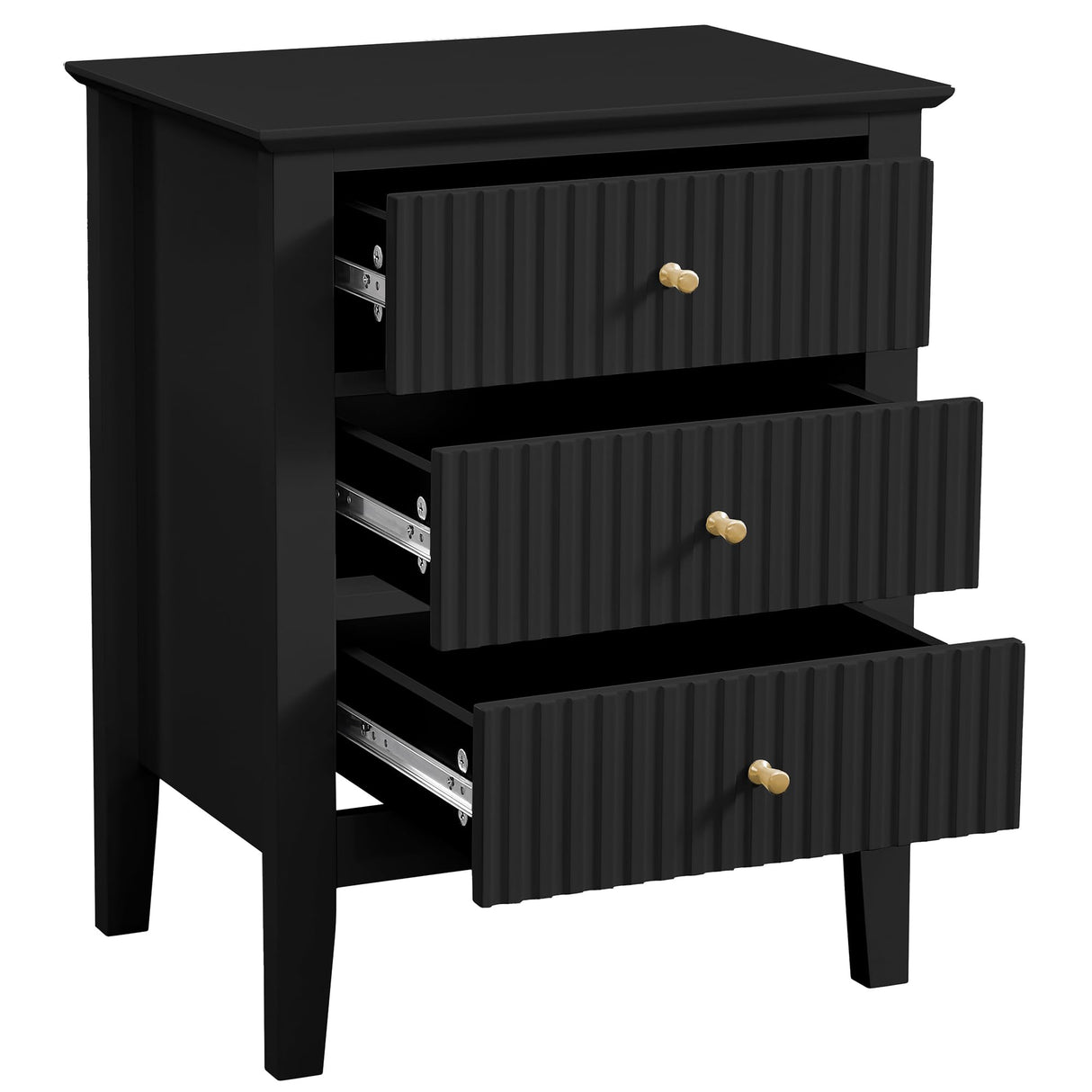 OCANDO Fluted Black Nightstand 19", 3 Drawers Night Stand, Bed Side End Table for Small Living Room, Modern Bedroom Storage Cabinet OCANDO