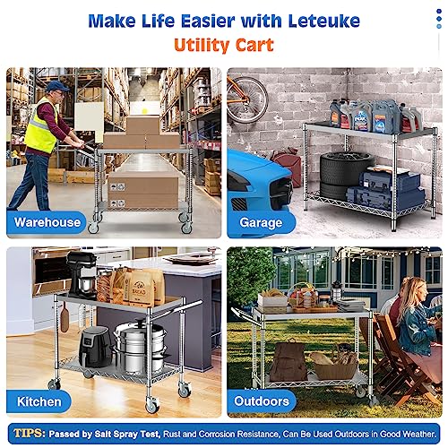 Leteuke 2 Tier Utility Tool Cart with Wheels, Heavy Duty Rolling Utility Carts with Handle, Commercial Grade Metal Serving Storage Cart for Warehouse Garage Kitchen, 25" D x 38.98" W x 40" H-Silver