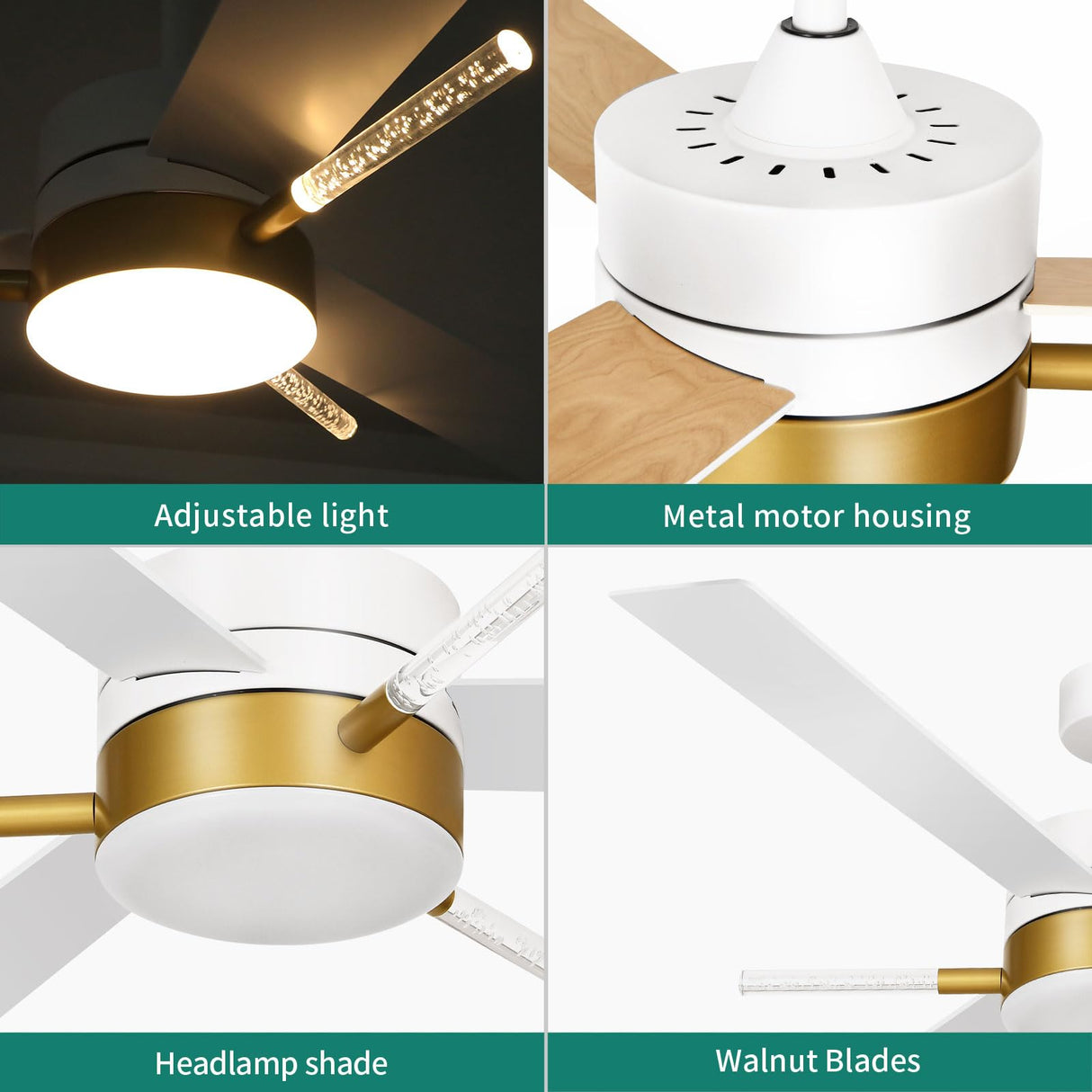 YITAHOME 60 inch Ceiling Fan with Light and Remote, Crystal Rod Design, Modern Chandelier Ceiling Fan with Reversible Quiet Motor, White Gold Indoor Ceiling Fan with 3 LED Colors, Memory Function YITAHOME