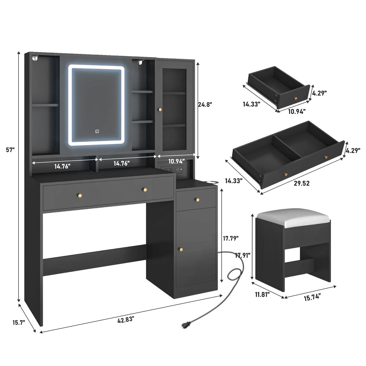 jiteentarou Black Vanity Desk with Sliding Mirror & Lights, Vanity Table Makeup Desk with Charging Station 2 Drawers 2 Doors, Lots Storage Shelves, Large Vanity Set with Cushioned Stool, Black jiteentarou