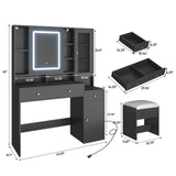 jiteentarou Black Vanity Desk with Sliding Mirror & Lights, Vanity Table Makeup Desk with Charging Station 2 Drawers 2 Doors, Lots Storage Shelves, Large Vanity Set with Cushioned Stool, Black jiteentarou