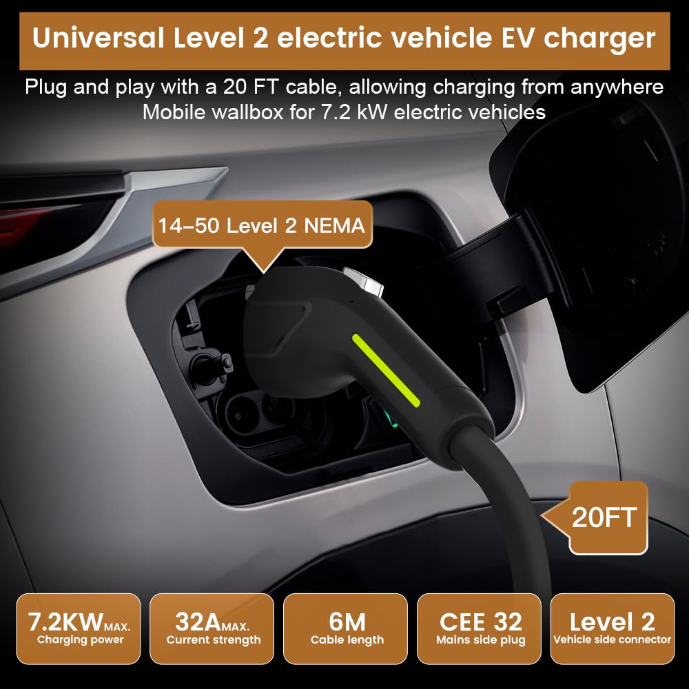 AWESAFE Electric Vehicle Charger Level 2 EV Charger, 7.6KW Portable Fast Charger with J1772 Connector, 32Amp NEMA 14-50 Plug, Scheduled Charging, Plug-in Home EV Charging Station AWESAFE