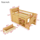 JIJIWANG Twin Size Loft Bed with LED and Bookshelf, Wood Low Loft Bed with Stairs,Twin Loft Bed with Storage Drawers and Shelves,Natural JIJIWANG