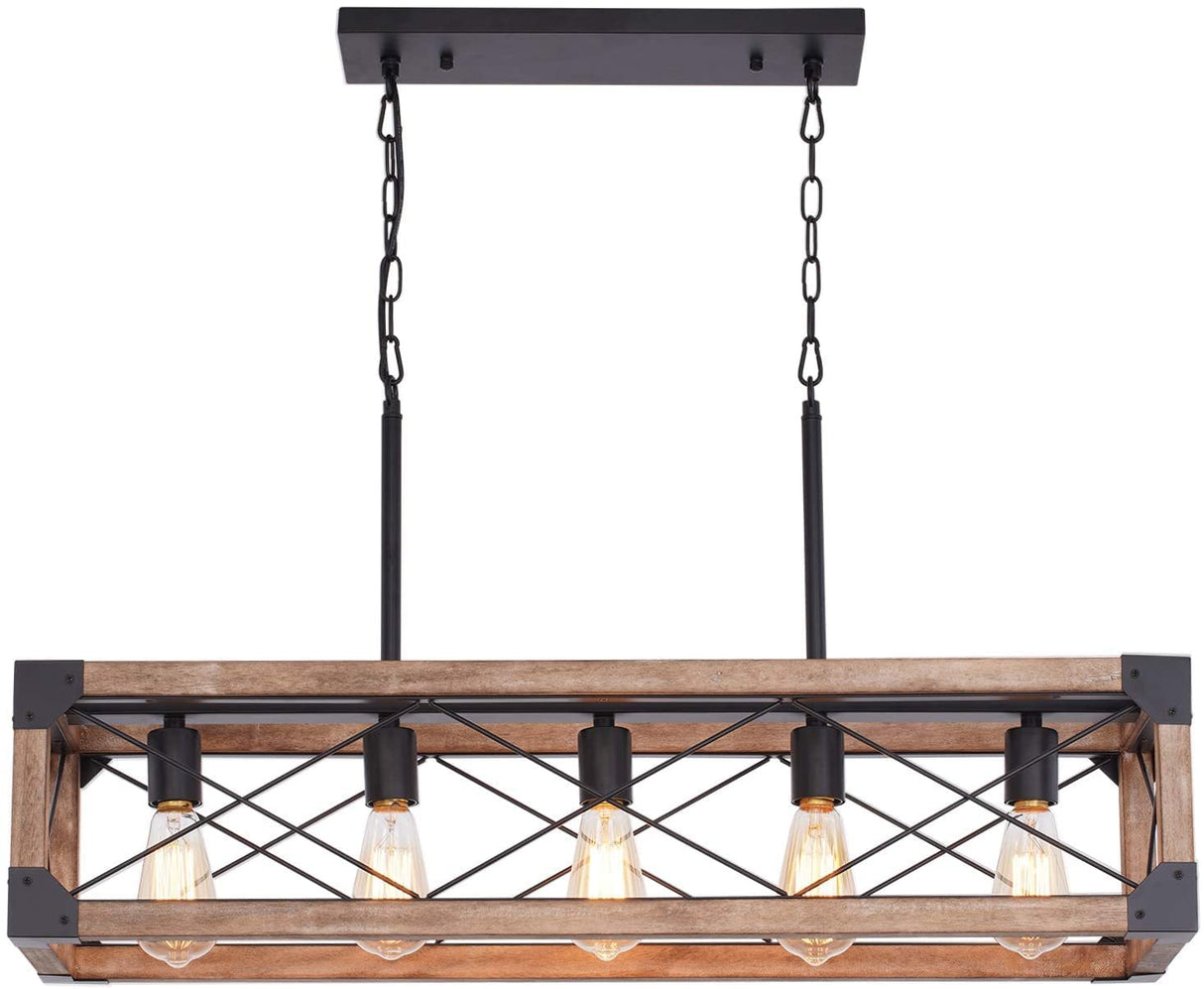 Bribyit Farmhouse Kitchen Island Lighting, 5-Light Dining Room Light Fixture, Farmhouse Linear Chandelier with Solid Wood for Dining Room Kitchen Bar Pool Table Bribyit