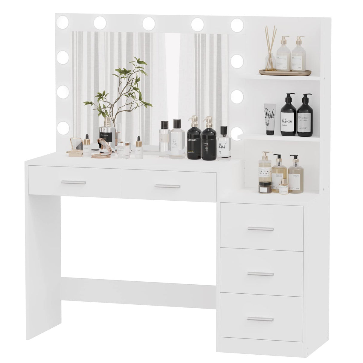 Rovaurx 46.7" Makeup Vanity Table with Lighted Mirror, Large Vanity Desk with Storage Shelf & 5 Drawers, Bedroom Dressing Table, 11 LED Lights, White RSZT106W Rovaurx