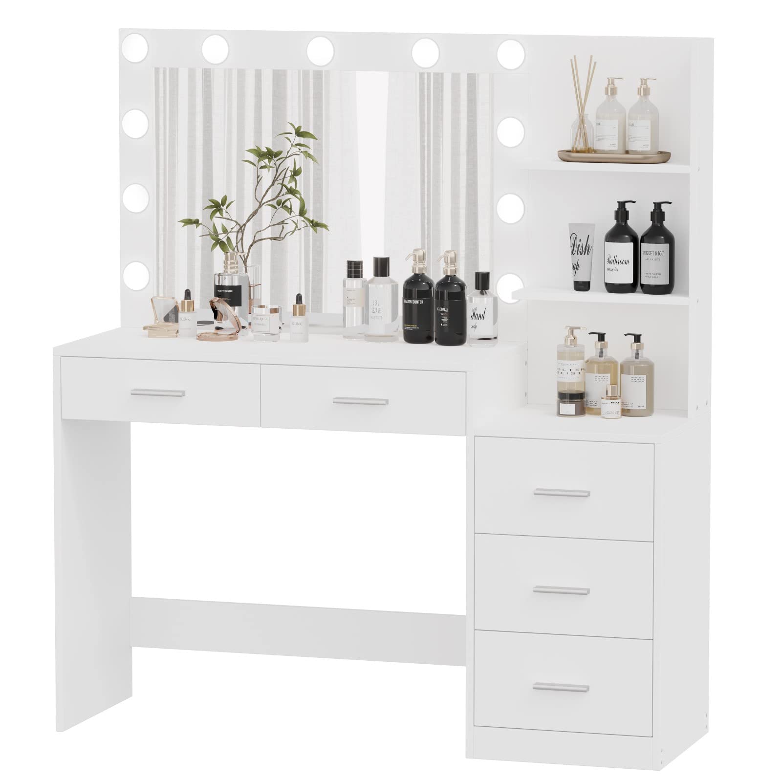 Rovaurx 46.7" Makeup Vanity Table with Lighted Mirror, Large Vanity Desk with Storage Shelf & 5 Drawers, Bedroom Dressing Table, 11 LED Lights, White RSZT106W - WoodArtSupply