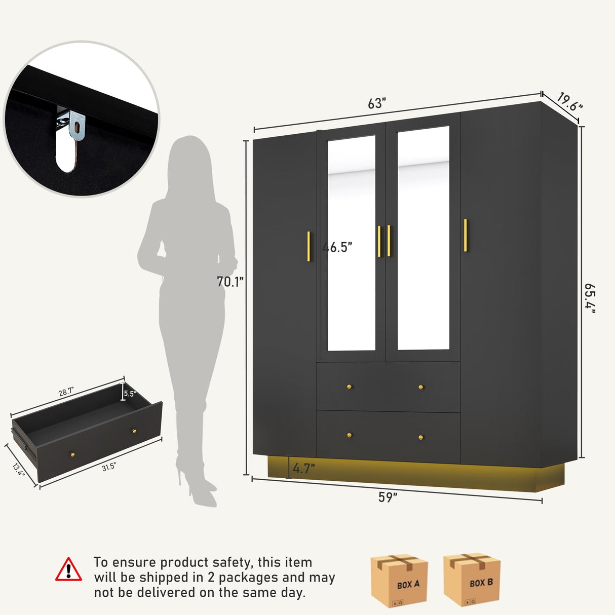 jiteentarou 4 Door Wardrobe Closet with Mirrors and LED Lights, Bedroom Armoire with Drawers and Shelves, Modern Wooden Armoire Wardrobe Closet with Hanging Rod for Bedroom, Black jiteentarou