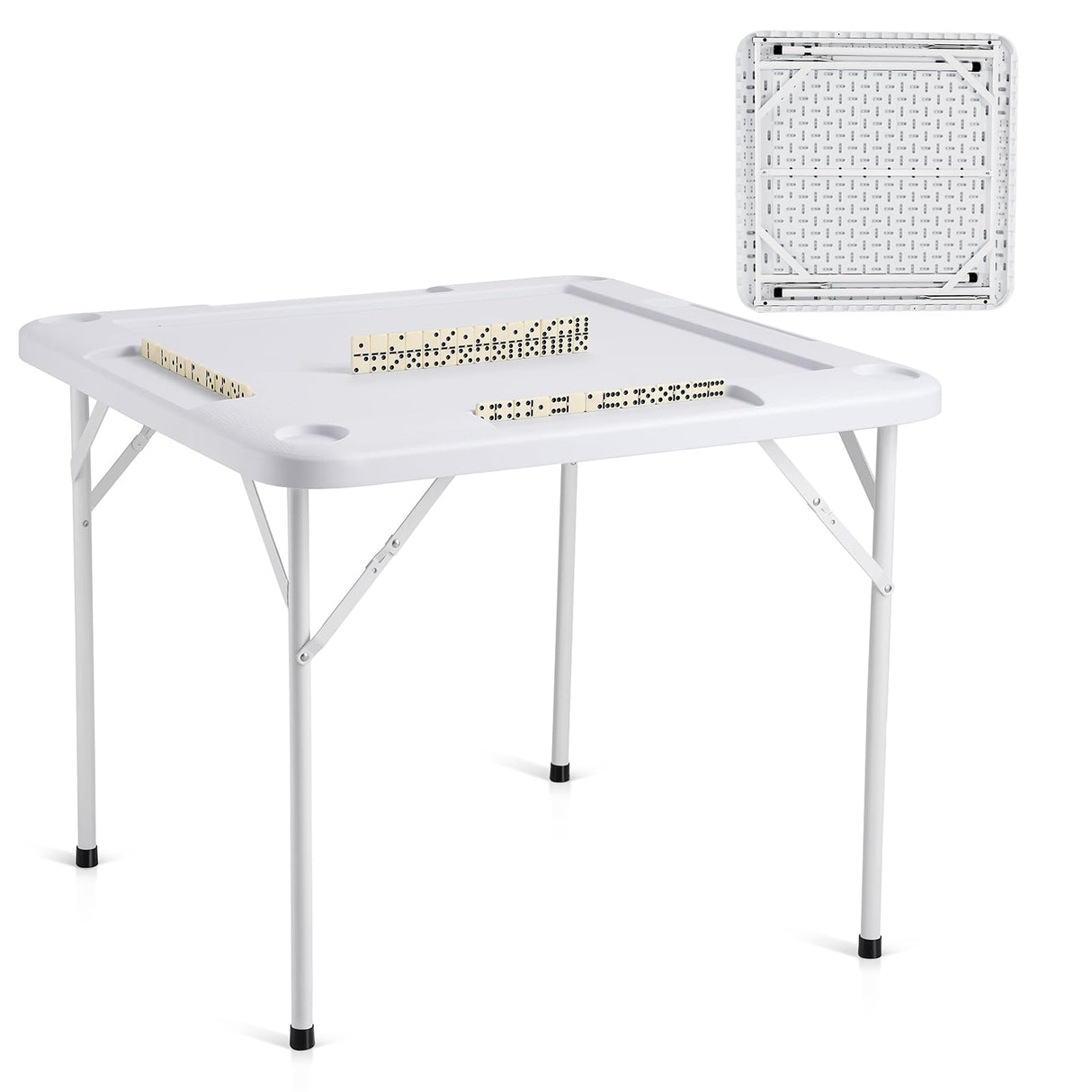VEVOR Mahjong Table, Square 4 Player Folding Card Table with 4 Cup Holders & 4 Chip Trays, Portable Domino Game Table with 1 Set of Dominoes for Mahjong Poker Puzzles, 35.4 x 35.4-inch, White VEVOR